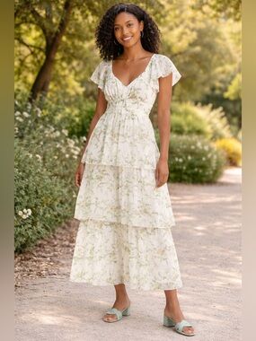 Chelsea28 Dress Victoria Floral Tiered Maxi V Neck Smocked NWT